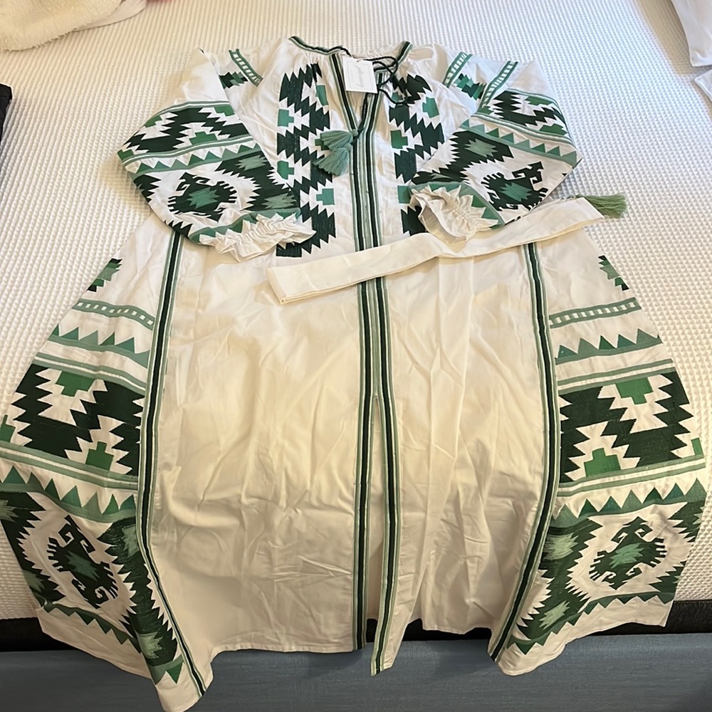 Julia Amory Green and White Long Sleeve Coatue Dress